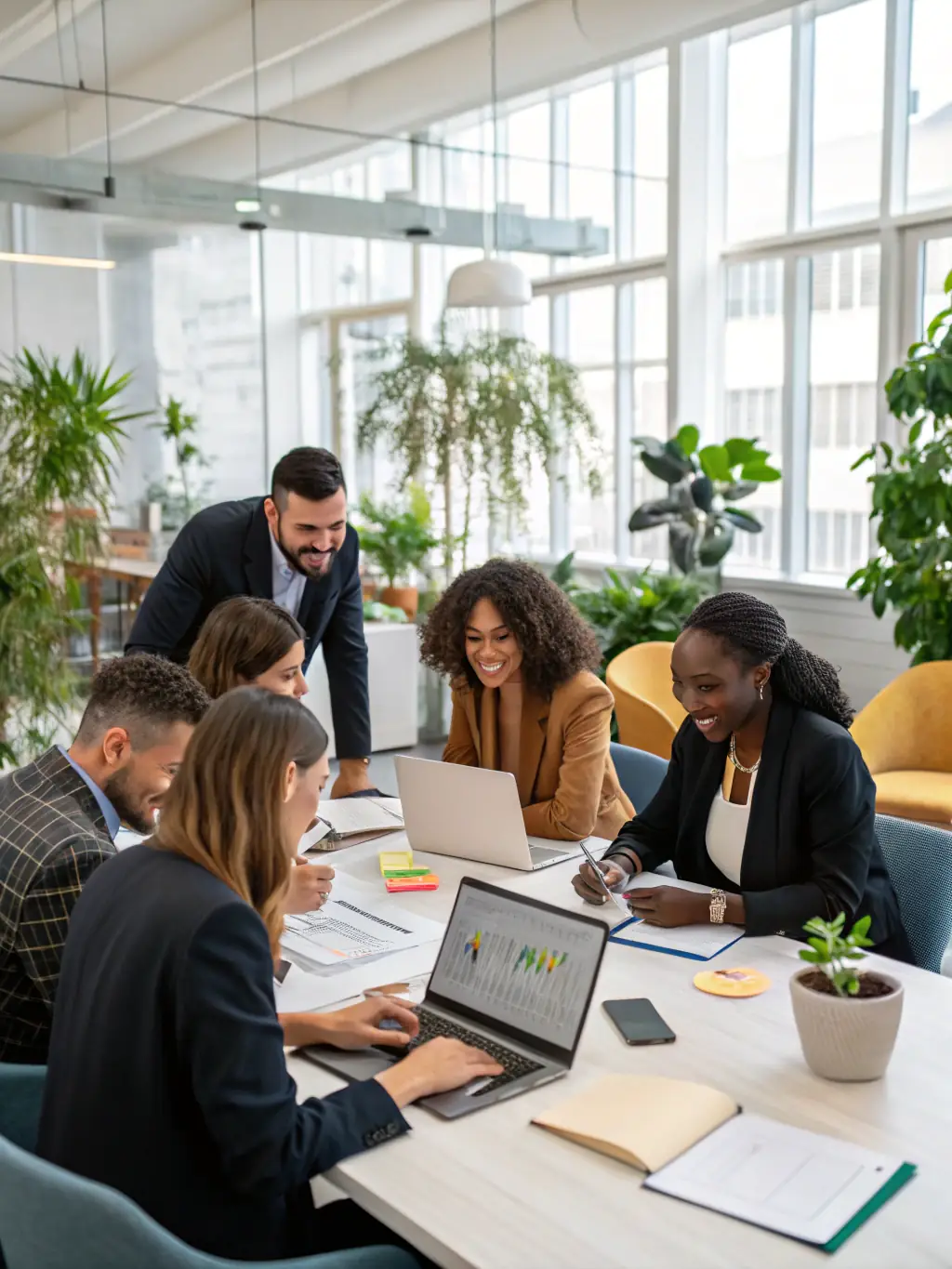 A diverse team collaborating on financial strategies in a modern office, symbolizing Contact-Sales.online's collaborative approach.