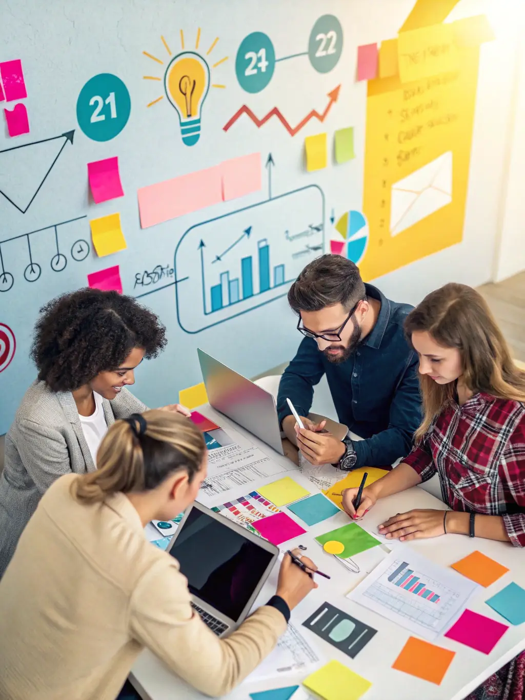 A marketing team working on digital campaigns with lead metrics displayed, showcasing Contact-Sales.online's Lead Generation service.