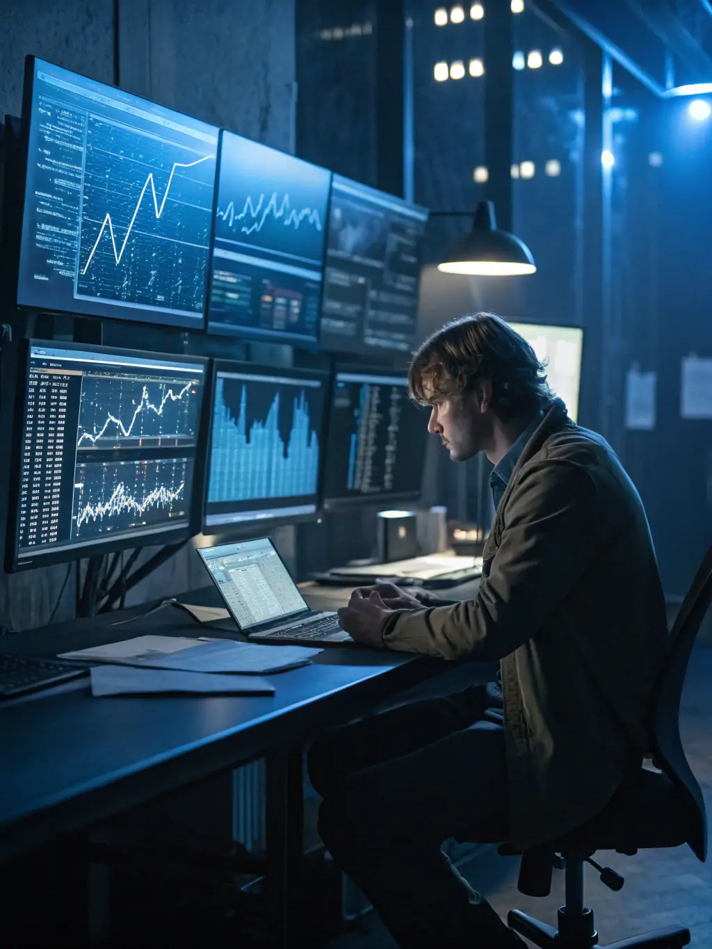 A professional analyzing financial data on multiple screens with charts and graphs, representing Contact-Sales.online's Financial Analytics service.