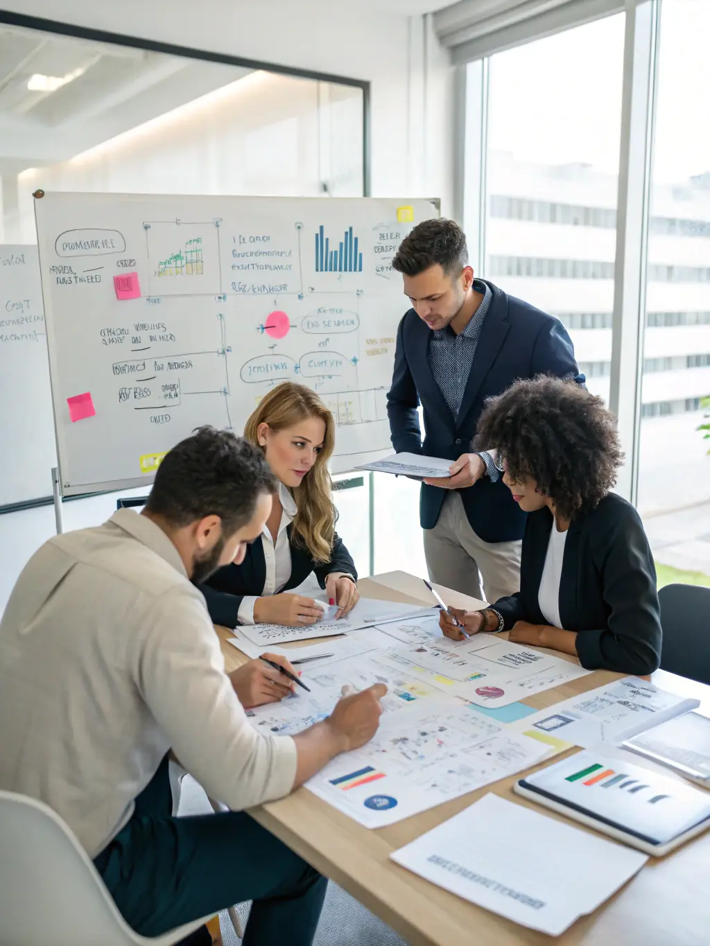 A collaborative team strategizing around a table, emphasizing the tailored solutions provided by Contact-Sales.online.