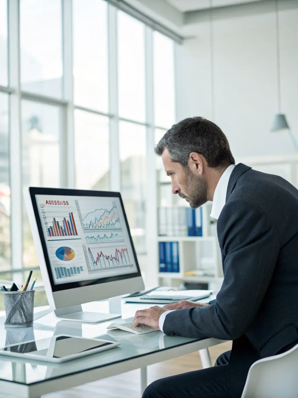 A professional setting depicting a financial analyst reviewing charts and graphs on a computer screen, highlighting data-driven insights for Contact-Sales.online.