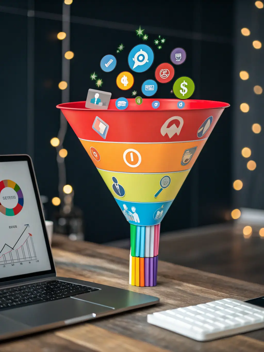 A dynamic image showing leads flowing into a sales funnel, symbolizing lead generation and client acquisition for Contact-Sales.online.